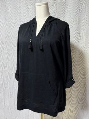 J. Jill Black Hooded Tunic Top with Tassel Drawstrings (Size LP)